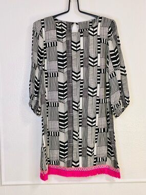 Uncle Frank Black & White Geometric Shift Dress with Pink Trim Sz.S